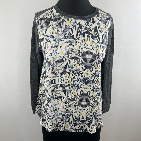 Rebecca Taylor Tops - Rebecca Taylor Gray White Abstract Long Sleeve Round Neck Silk Pullover Top S